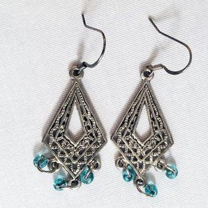 Silver Diamond Shaped Earrings with Blue Dangly Beads